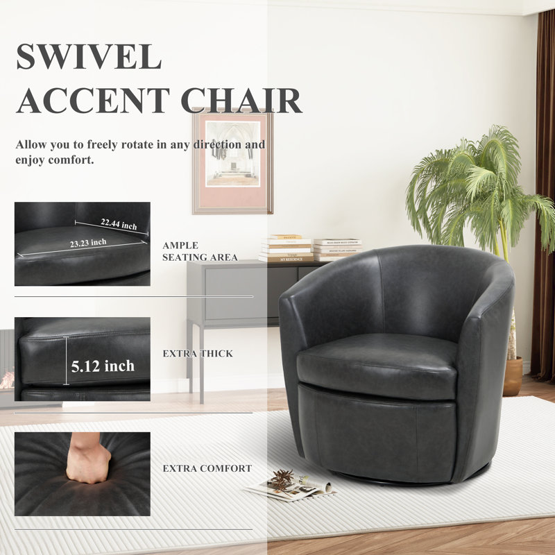 Leather Upholstered Swivel Barrel Chair,No Assembly Required, Charcoal Faux Leather