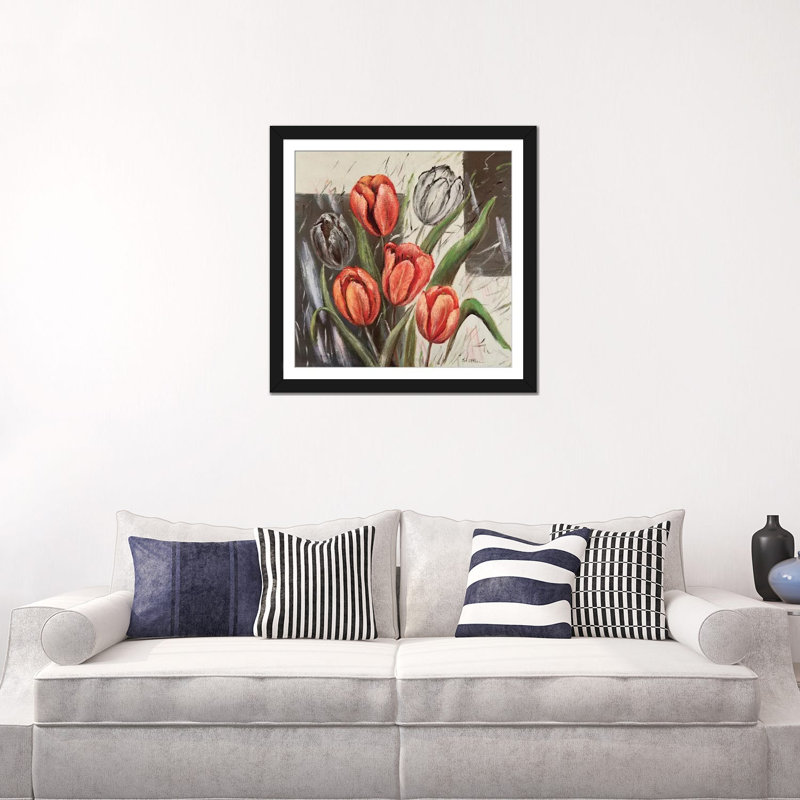 « orange tulipes », impression sur toile, H 16 po x l 16 po x P 1 po, Papier d'art encadré noir, Blanc