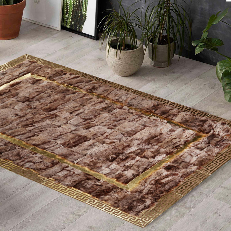 Tapis toscan en cuir brun avec une bordure élégante, Rectangle 4' x 6'
