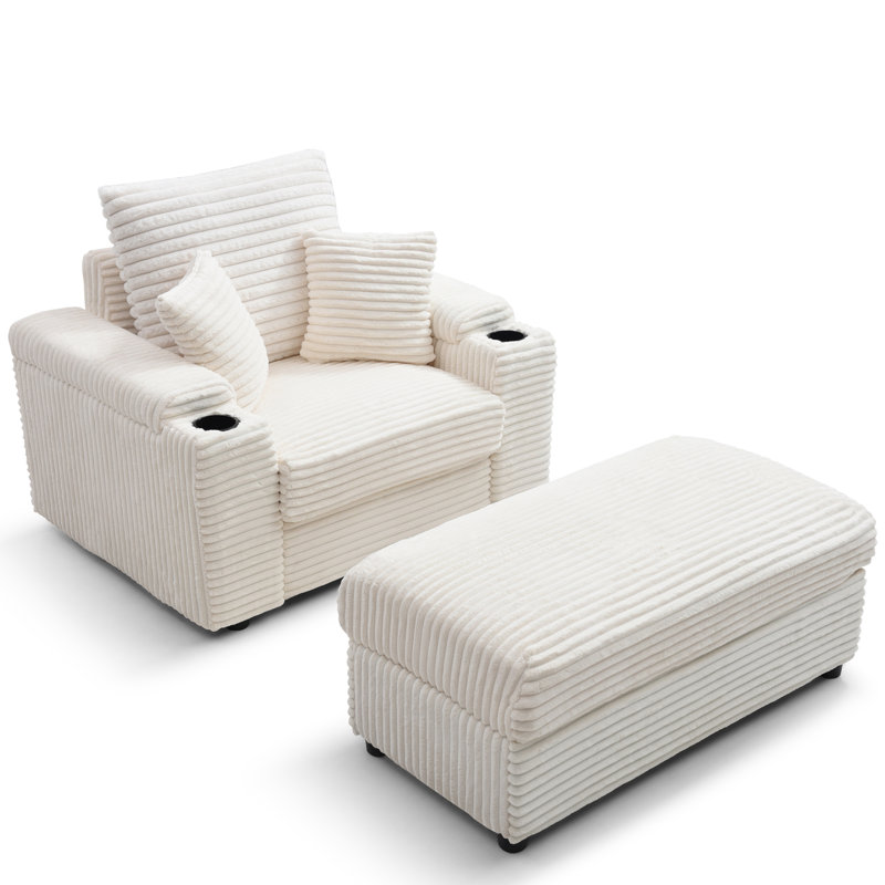 Abegale Upholstered Chair with Ottoman, Plush Chair Chaise Lounge Chair with Pillows, White Corduroy