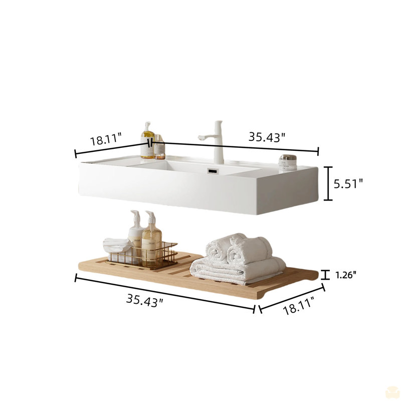 Meuble-lavabo de 36 po avec lavabo vasque, lavabo intégré mural rectangulaire en acrylique blanc flottant sans robinet, Brun