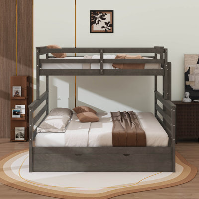 Convertible Bunk Bed With Trundle, Separates Into 3 Beds, Sturdy Wood Ladder & Guardrails