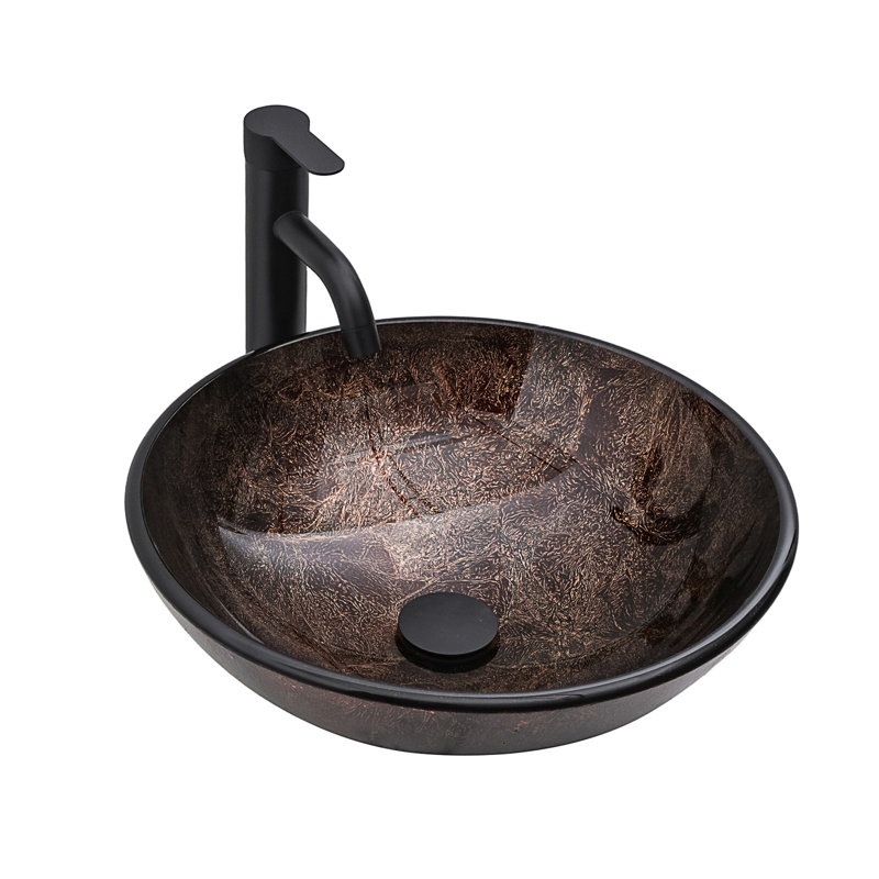 Bathroom Artistic Tempered Glass Vessel Bathroom Sink With Black Faucet And Pop-Up Drain, Black, Brown
