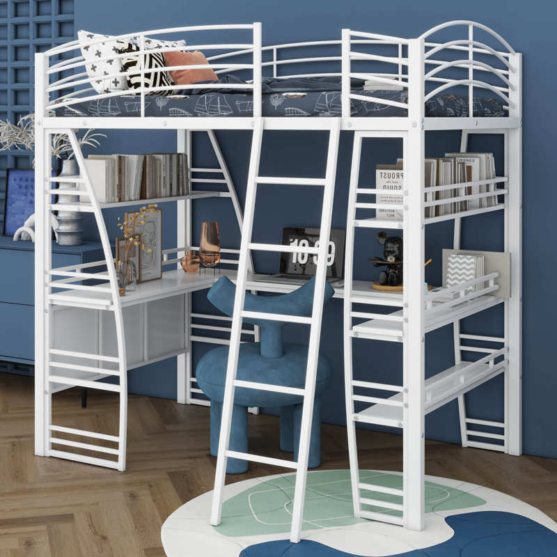 Lit mezzanine simple avec un bureau en forme de L et quatre niveaux de tablettes, Blanc