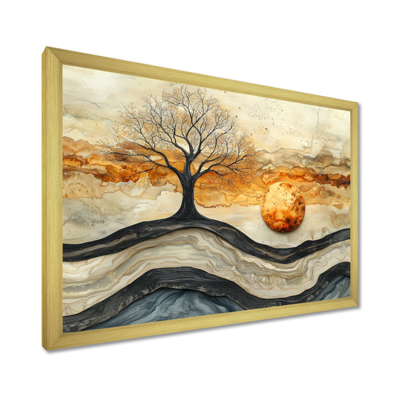«Abstract Winter Trees on Crystal Wood River - Art mural encadré arbre de vie», H 30 po x l 40 po, Doré