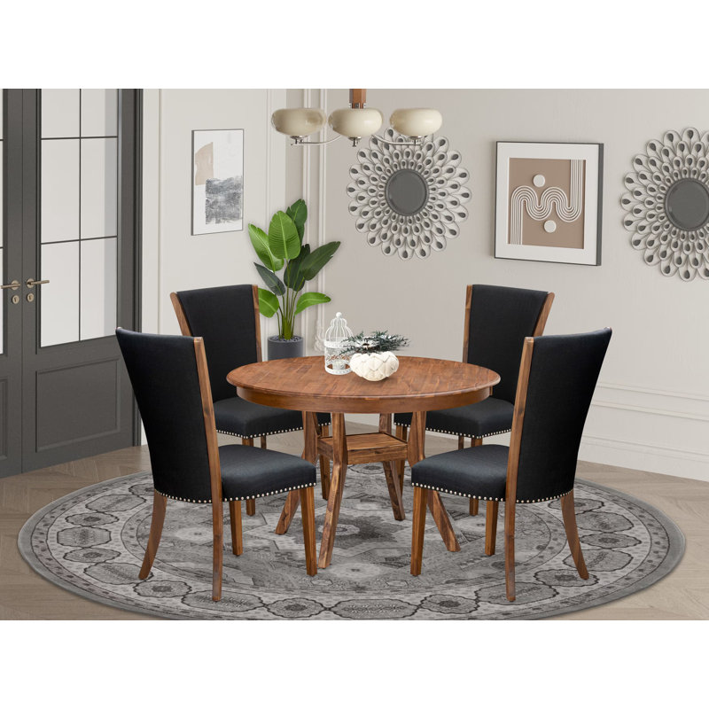 Ensemble de salle à manger 5 pièces pour 4 tables rondes de 48 po avec piédestal et 4 chaises Parson en tissu noir, noyer antique
