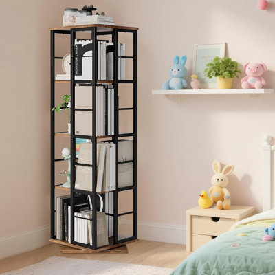Industrial Style 360° Rotating Bookshelf with Metal Rails, 4-Tier Spinning Corner Bookcase, Space Saving Floor Storage Organizer for Living Room, Office
