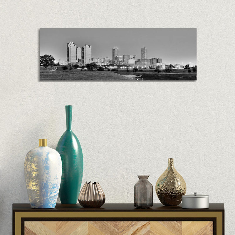 Fort Worth Panoramic Skyline Cityscape (Black & White - Evening) by Unknown Artist - Wrapped Canvas Panoramic Print