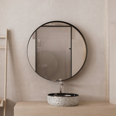 31.5 Inch Round Metal Framed Cabinet with Mirror and Adjustable Shelves for Bathroom