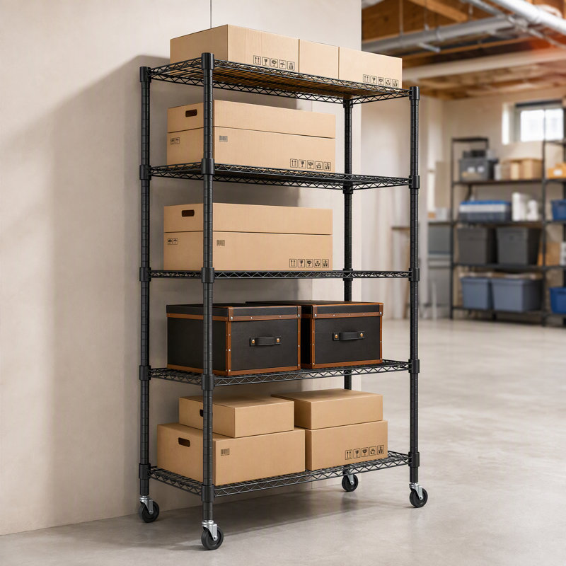5-Shelf 36"W x 18"D Heavy Duty Adjustable Wire Shelving Unit with Casters, Black, 85" H x 36" W x 18" D
