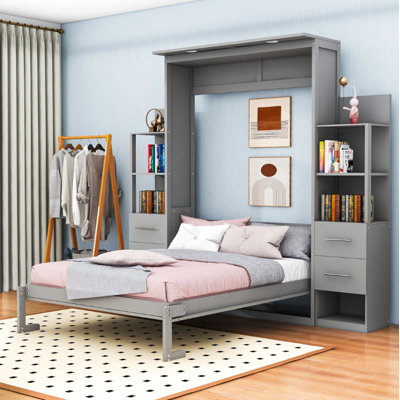Lit escamotable en bois avec tiroirs intégrés, tablettes et éclairage DEL