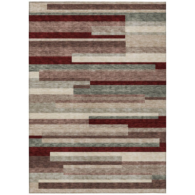 5' X 8' Merlot Burgundy And Beige Striped Washable Indoor Outdoor Area Rug