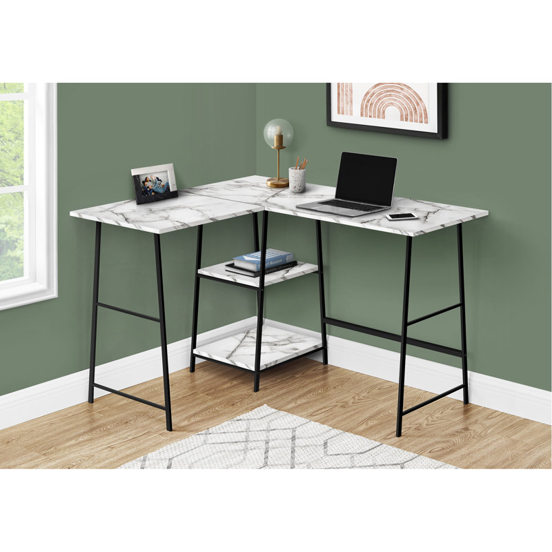 Bureau d'ordinateur, bureau personnel, coin, tablettes de rangement, forme en L, travail, ordinateur portable, stratifié aspect marbre, métal, contemporain, moderne