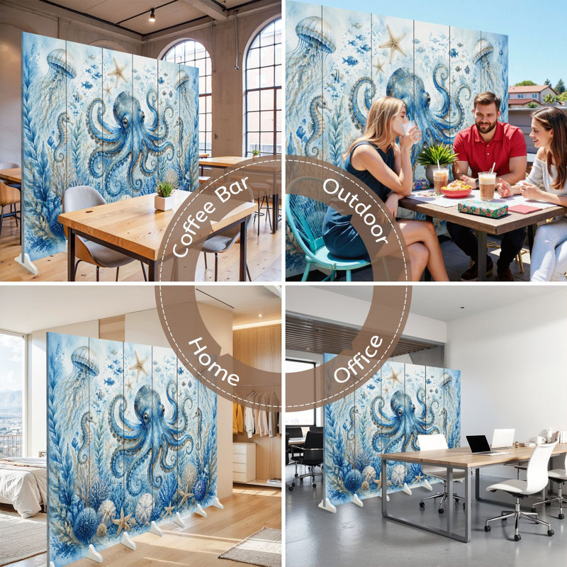 Cloison pliante 6 panneaux paravent sous-marin Royal Octopus Marine Creatures, 6, 71" H x 96" W x 1" D