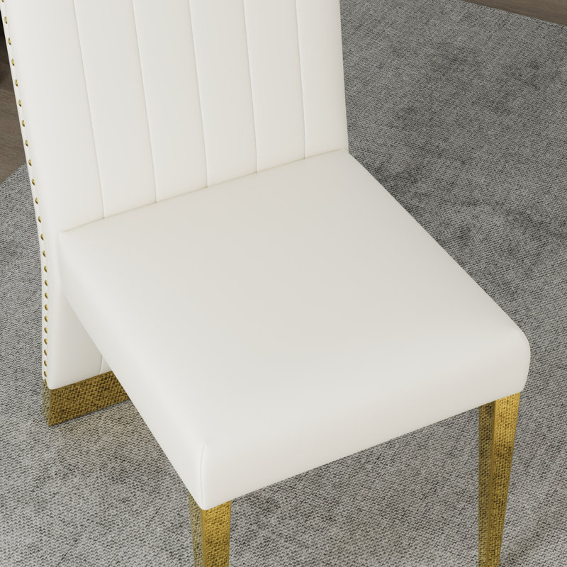 Ensemble de table de salle à manger de luxe 7 pièces en faux marbre et or avec 6 chaises en cuir blanches, Blanc