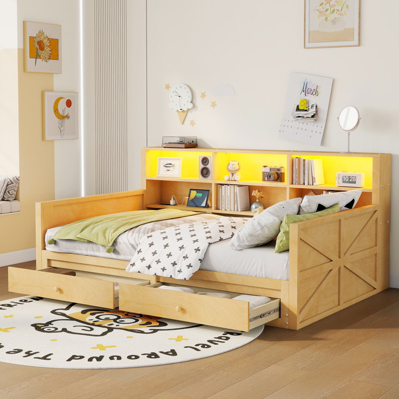 Extendable Daybed, Twin to Double Twin Daybed with Storage Headboard, Twin Daybed with Charging Station and Light, Natural