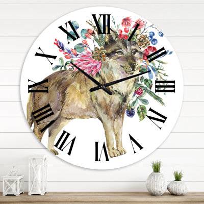 Loup avec des fleurs de la forêt - horloge murale