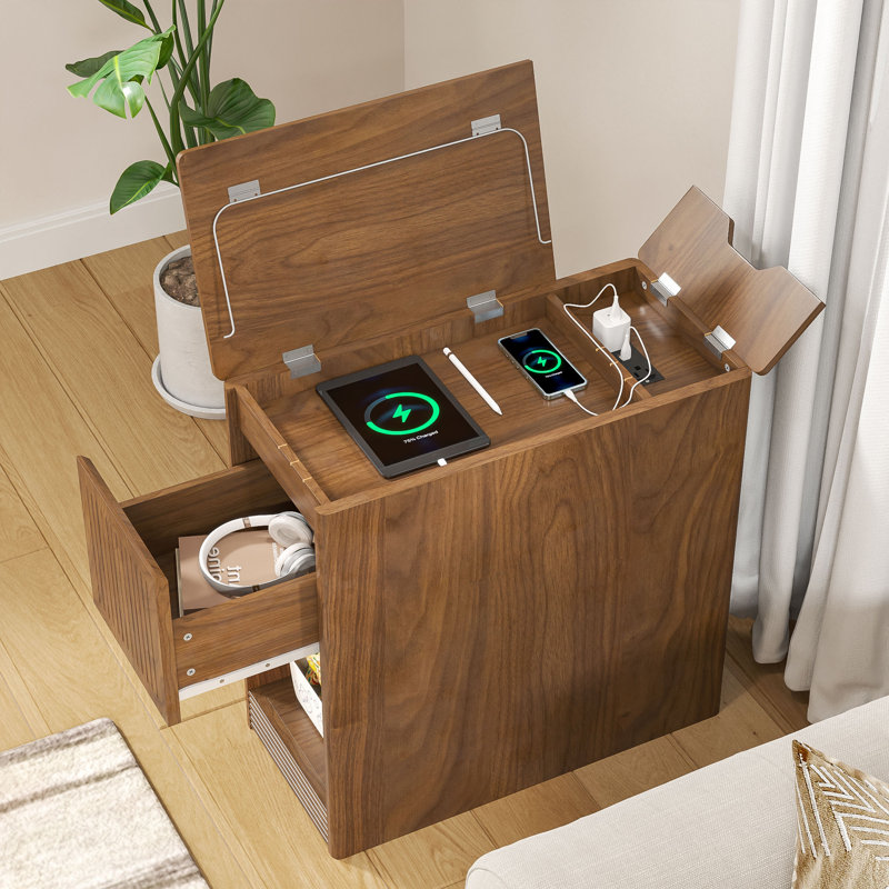 End Table With Flip Top, Side Table With Storage And Charging Station, Narrow Couch Side Table With Drawer And Wheels