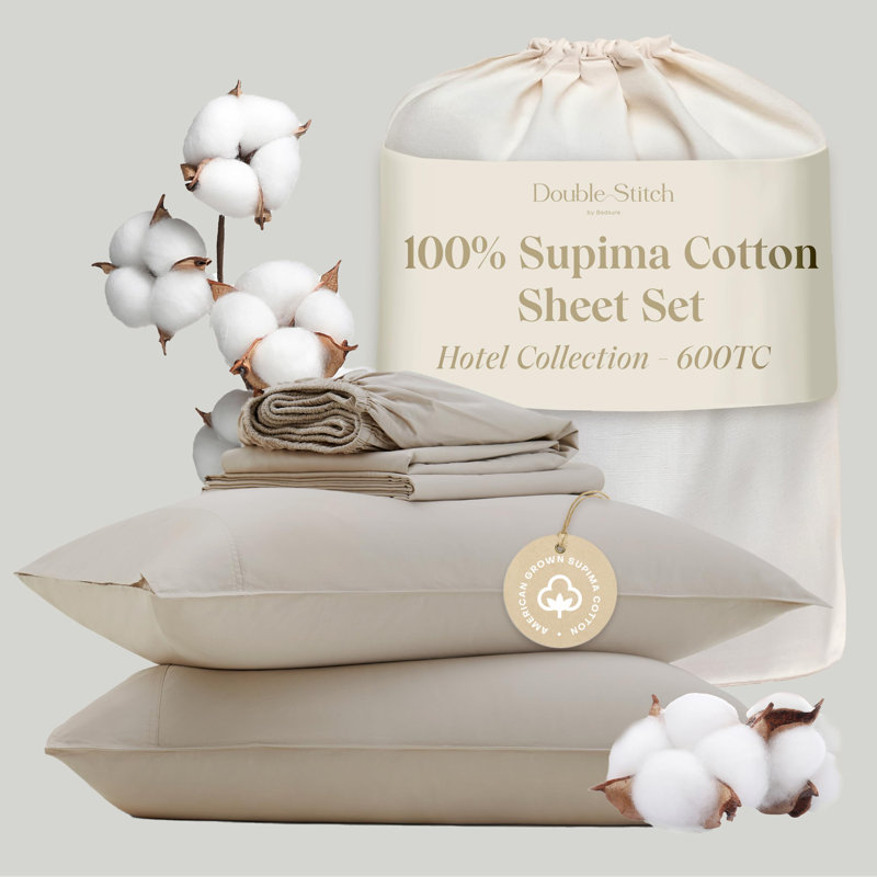 Double Stitch 100% Supima Cotton Sheets Set, Oat, California King Sheet Set