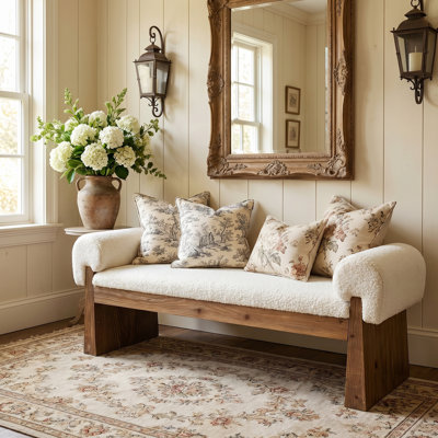 Solid Wood Entryway Bench with Sherpa Upholstered Seat