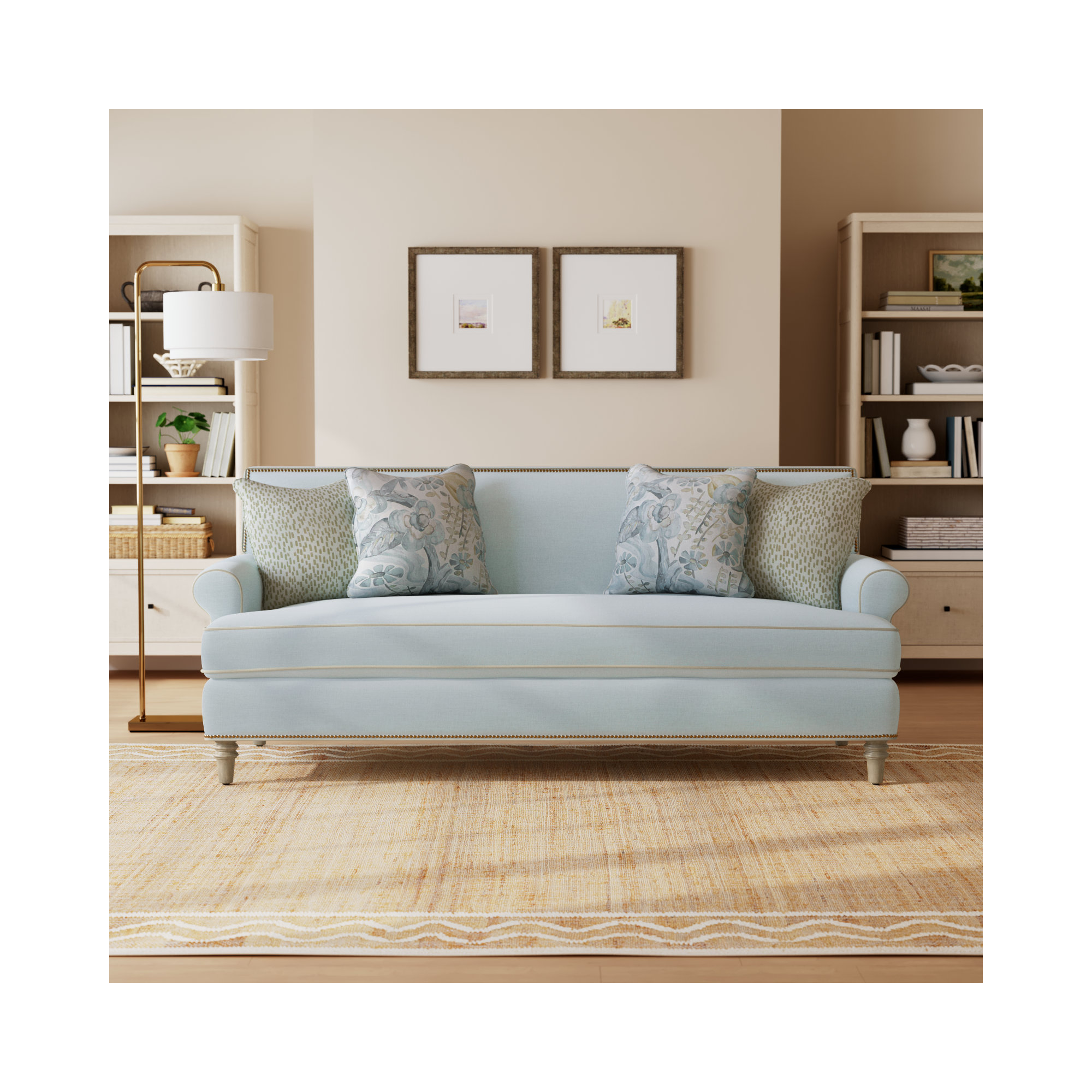 Simeon 86" Sofa with Cushions, Bahama 31, Minnick 21 Light Blue, Shadow