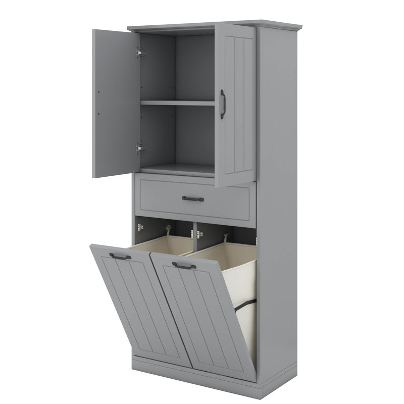 Bathroom Storage Cabinet With Two Laundry Baskets, Storage Cabinet With Doors And Drawer For Home, Gray