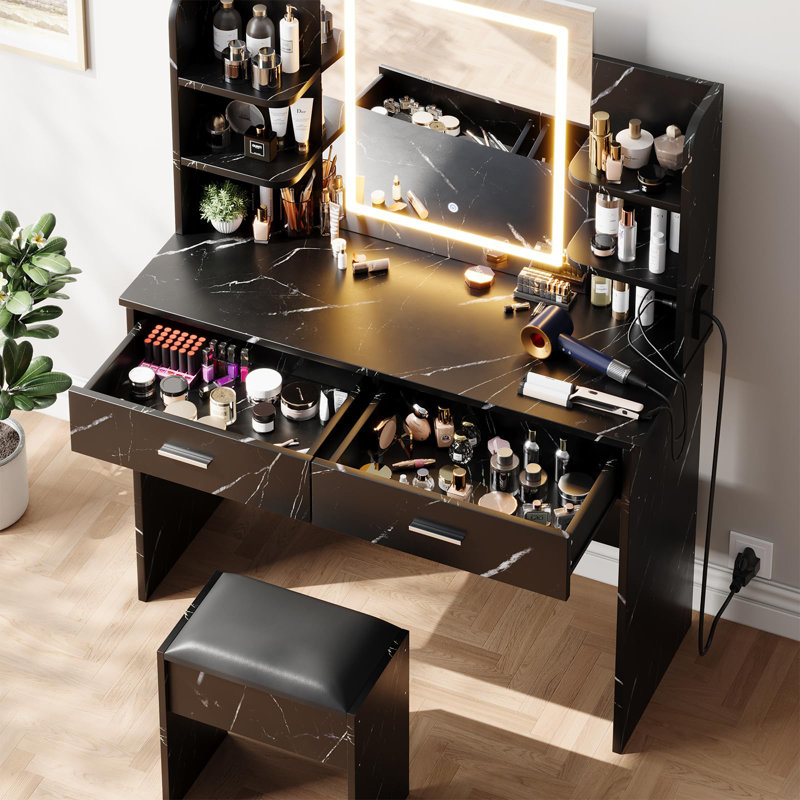 Makeup Vanity Desk with LED Mirror | Vanity Set with Outlets, Storage Drawers & Stool | Large Dressing Table Charging Station for Women | Bedroom Vanity Organizer, Marble
