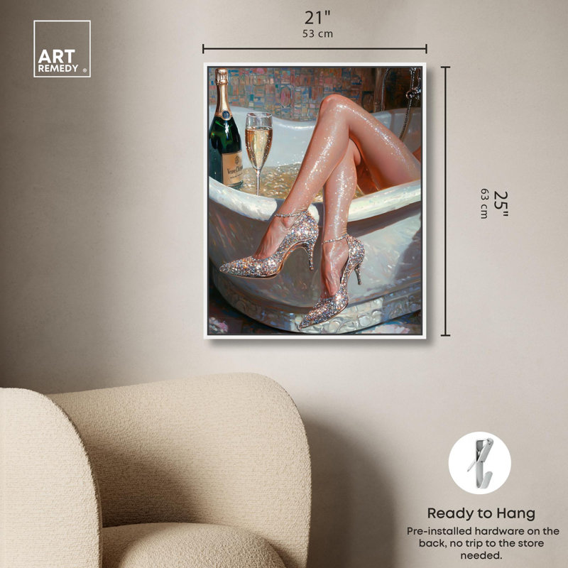 Toile Champagne Bath Party par Art Remedy, Cadre flottant, H 25 po x l 21 po, Noir