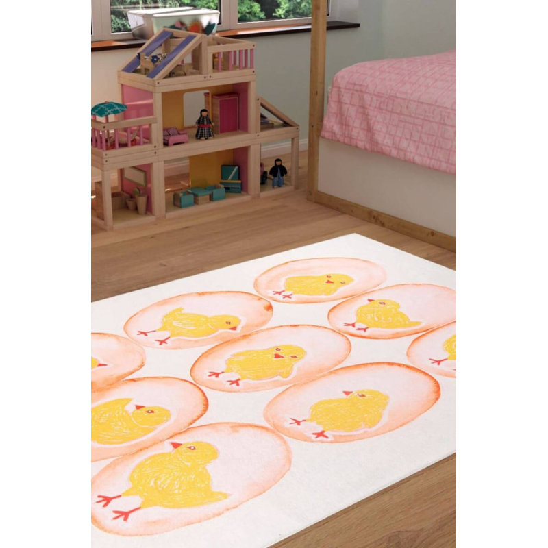 Yellow Chick Pattern Kids Woven Base Decorative Carpet, Round 7'7"