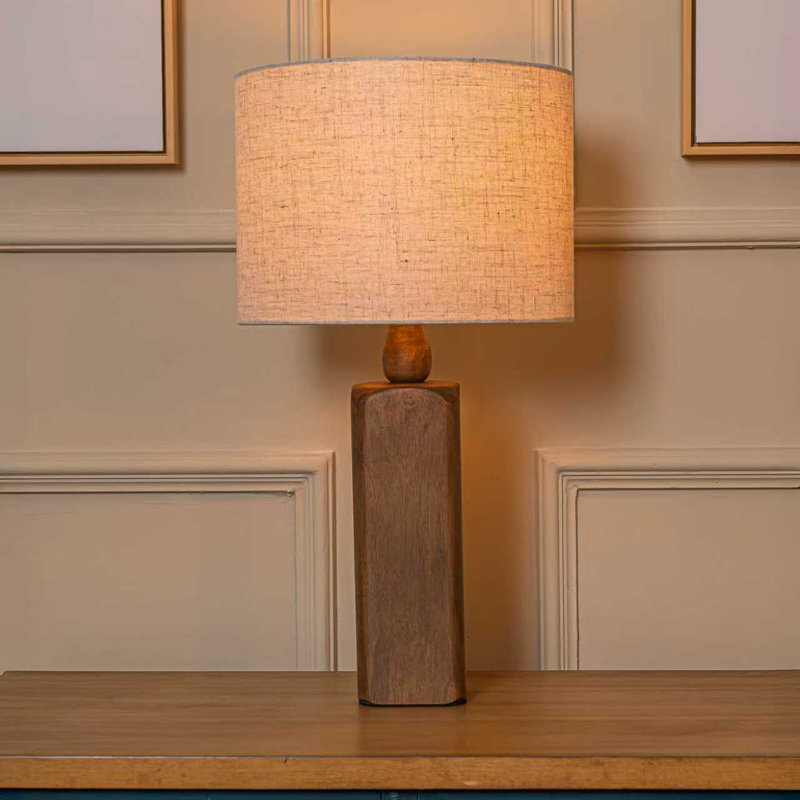  Farmhouse Traditional Natural Solid Wood Table Lamp With Beige Fabri Drum Shade For Bedroom Living Room