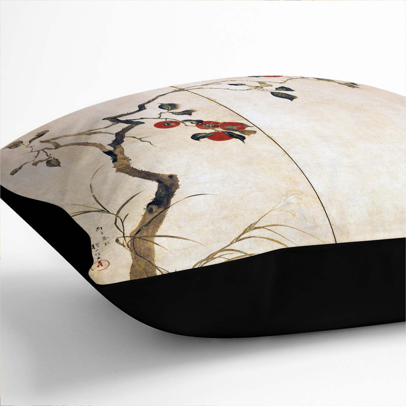 Persimmon Tree by Sakai Hoitsu Cushion with Filling, 40cm H x 40cm W x 15cm D, Black