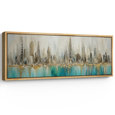Tableau représentant une silhouette urbaine moderne turquoise et or avec des reflets dans l'eau, idéal pour un bureau. Impression giclée sur toile encadrée (3 pièces).