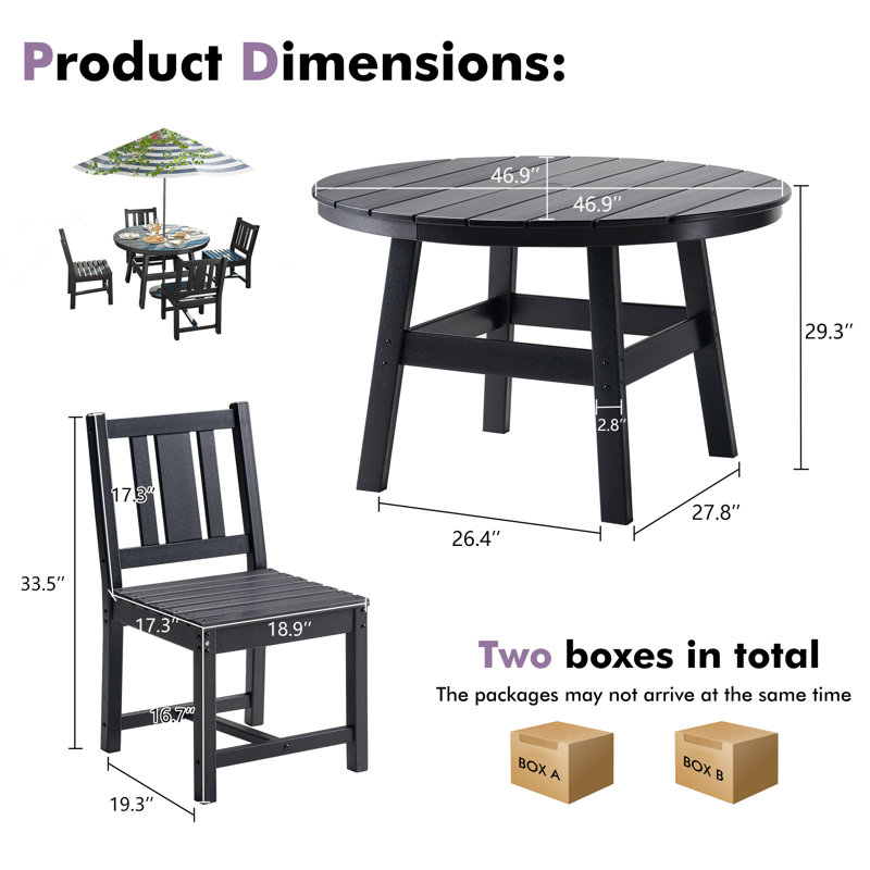  Immie 5 Piece HDPE Outdoor Dining Table Set with Umbrella Hole, Black, Black