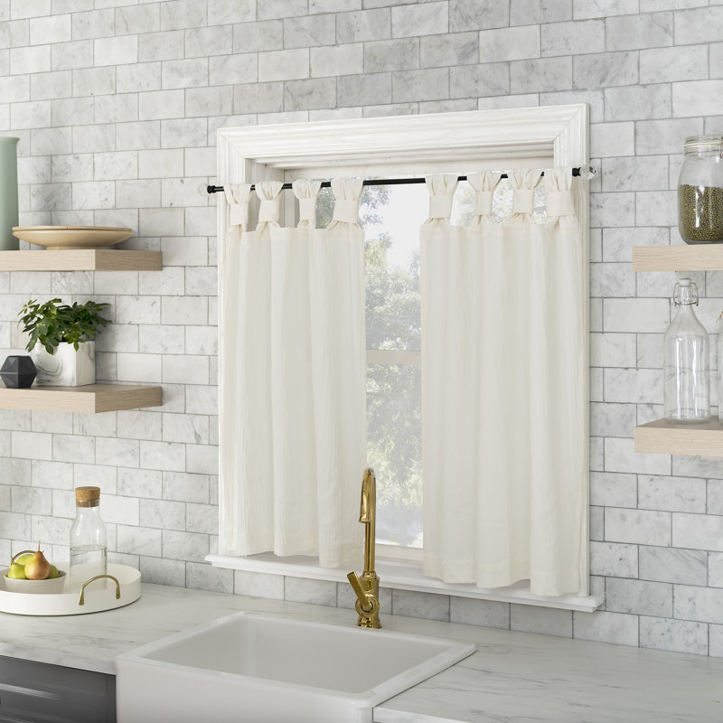 Paire de rideaux de cuisine semi-transparents en coton délavé avec pattes Archaeo Sarro, L 52 po x L 36 po, Ivoire