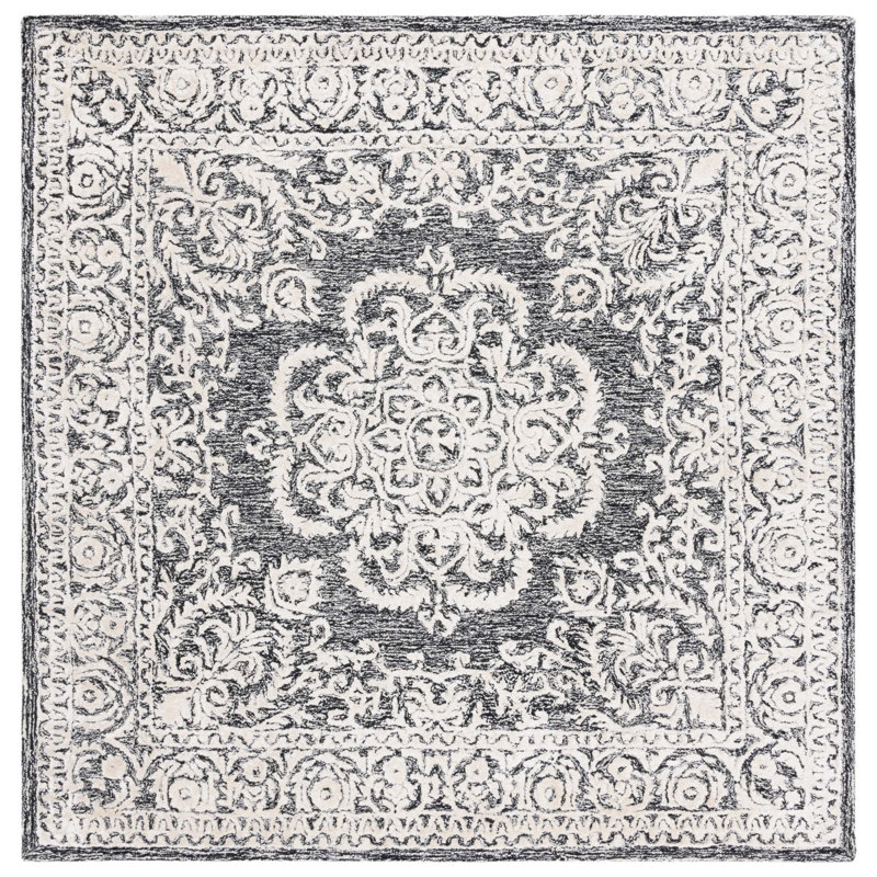 Handmade Black and Ivory Wool Tufted Square Rug
