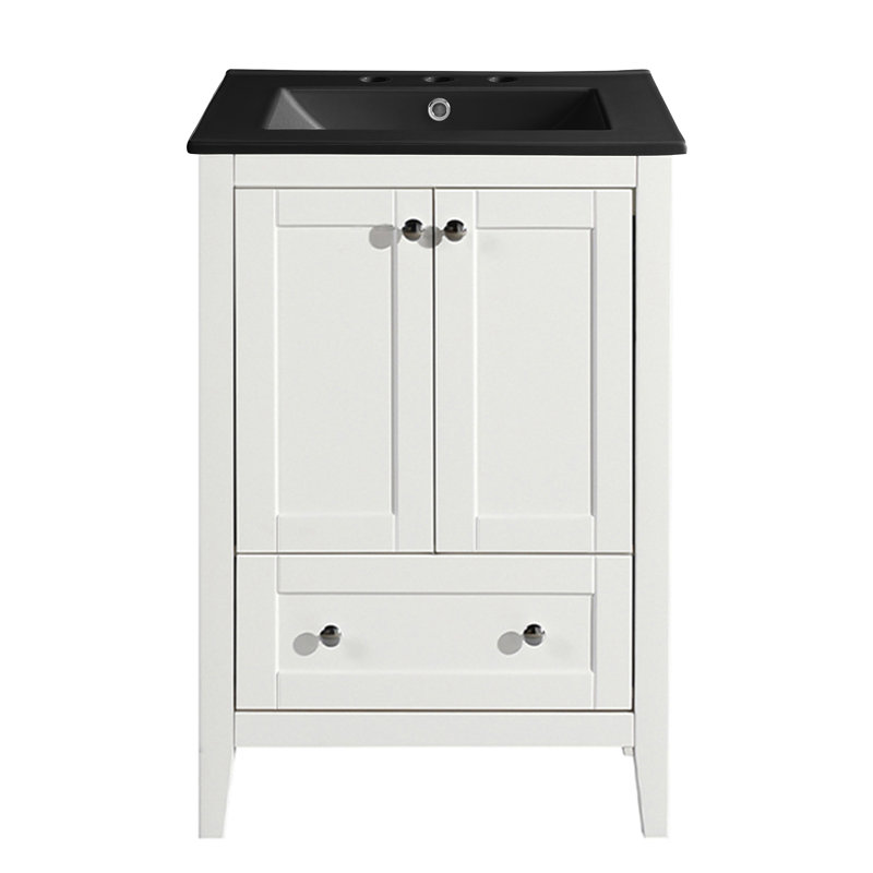 Cannes 24 po Meuble-lavabo blanc avec comptoir en céramique à 3 trous, Noir