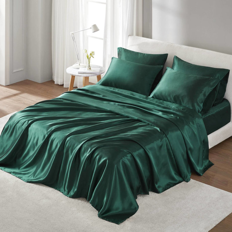 Ensemble de literie pour lit simple en satin - zone de confort infroissable, compatible avec un matelas de 16 po, 1 drap plat, 4 taies d'oreiller ajustées, sensation moelleuse, collection de draps froissés, s'adapte aux matelas