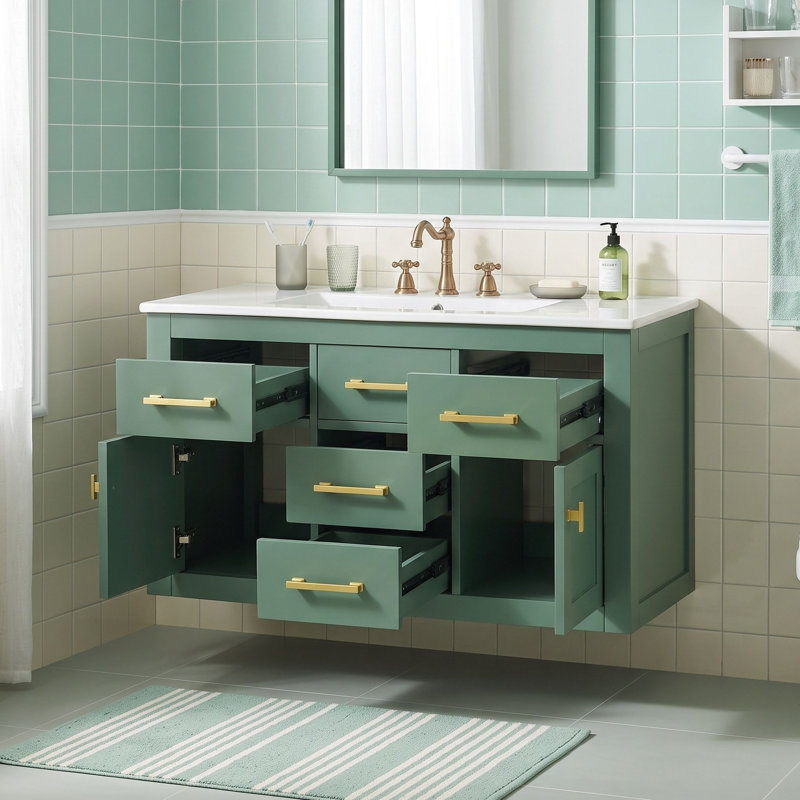Meuble-lavabo mural moderne avec lavabo en céramique, 4 tiroirs et portes à fermeture en douceur Modern