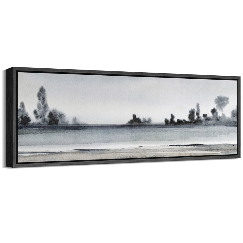 Minimal paysage gris, rivière brumeuse, aquarelle, paysage naturel abstrait, H 20 po x l 60 po, Noir, noir, noir, noir