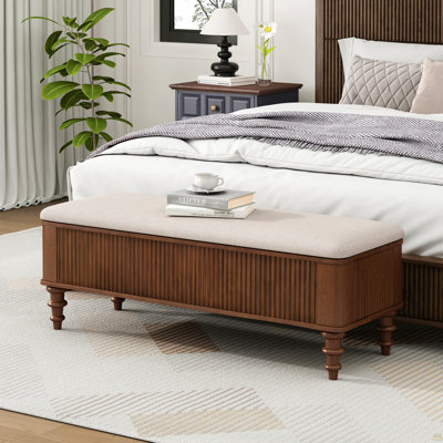 Banc ottoman de rangement multifonctionnel de 129 cm (50,8 po) - Banc de bout de lit en bois d'hévéa massif avec siège en lin, banc de rangement
