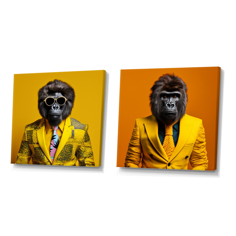 «Yellow Gorilla In suit I», ensemble d'art mural sur toile Gorilla, Toile tendue, H 16 po x l 33 po x P 1 po