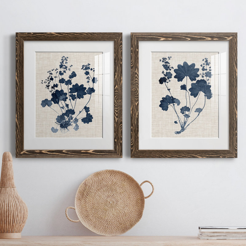 Bleu marine et feuilles de lin II - ensemble de 2 reproductions d'art sur papier encadré, H 24 po x l 36 po, Blanc