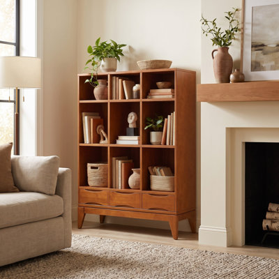 Harper 58"H Solid Wood Mid-Century Modern Cube Bookcase with Drawers, Tapered Legs and Open Cubbies