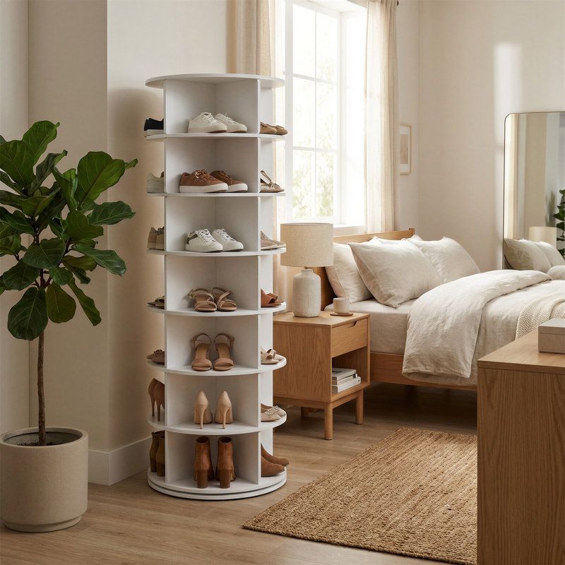 7-Tier 28 Pairs Spinning Shoe Rack Tower, Rotating Shoe Organizer, White