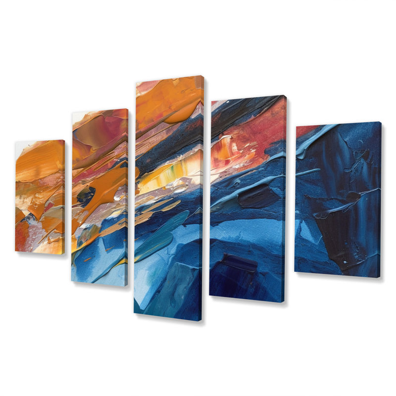 Soirée lueur abstraite orange et bleu royal II - art mural abstrait salon - 5 panneaux