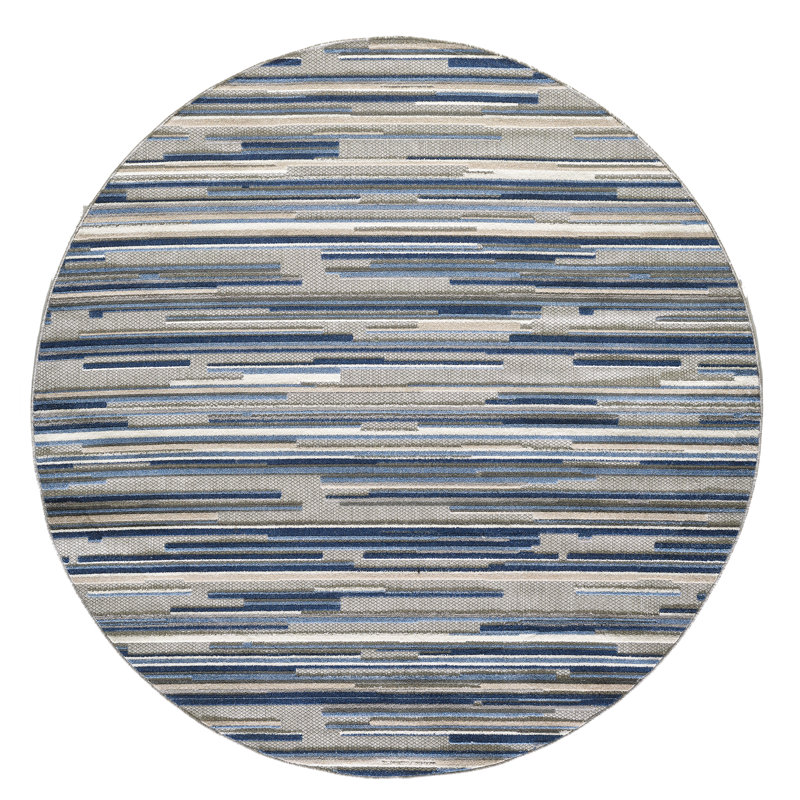 Tapis d'extérieur à rayures abstraites Gemmill, Rond 7 pi 10 po, Bleu