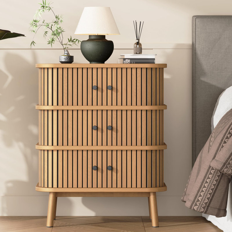 Fluted 3 Drawers Nightstand With Sliding Door