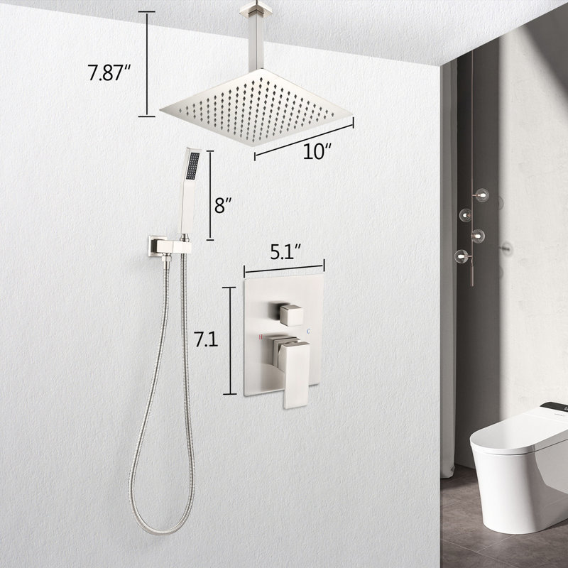 Ceiling Mounted Shower Kit With Brushed Nickel. 10" Head & Handheld. Simulates Natural Rain. Self-cleaning Nozzle. Bathroom. Brass Material Nickel Kit. Rainfall Experience. Bathroom Wall Mount.