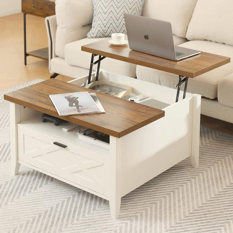 Table basse relevable, table élévatrice ergonomique avec compartiment caché, table de salle à manger avec tablette de rangement, table basse rétro, rangement de ferme avec plateau relevable pour salon, bureau, blanc