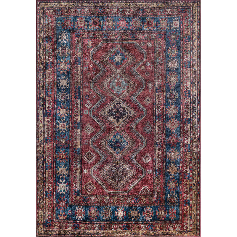 Tapis oriental bourgogne / bleu / doré tissé à la machine Katherine, Rectangulaire 8 pi x 10 pi